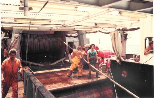 Cable recovery. Left to right, Bob Burley at the reel, Adrian O'Rourke approaching with menace, the sartorial elegance that is Colin Parker, Steve Whittaker, Mike Perry and Captin Ted Ling.