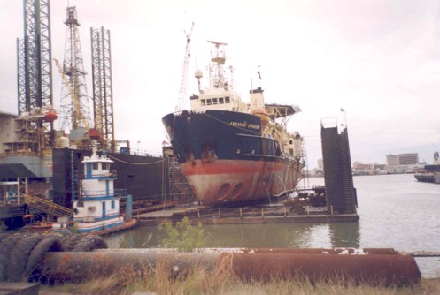 Labrador in drydock on Pelican Island. Galveston is across the water